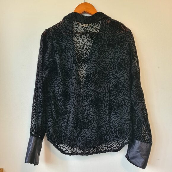 Vintage Silk Blend Sheer Black Velvet Burnout Button up Rose Print Blouse - Picture 2 of 8
